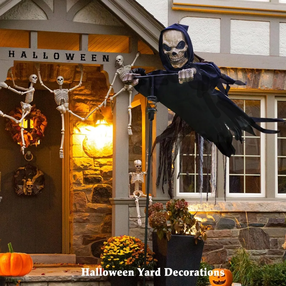 Decorações de esqueleto de Halloween ao ar livre: Reaper de crânio voador de 7,8 pés de altura com fantasma e espantalho para jardim e varanda