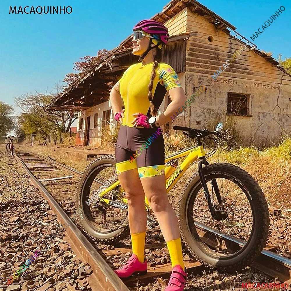 

Women's Yellow Short Sleeve Cycling Jersey Triathlon Skinsuit Sets 2022Macaquinho Ciclismo Feminino Jumpsuit Kits 20D Pad Summer