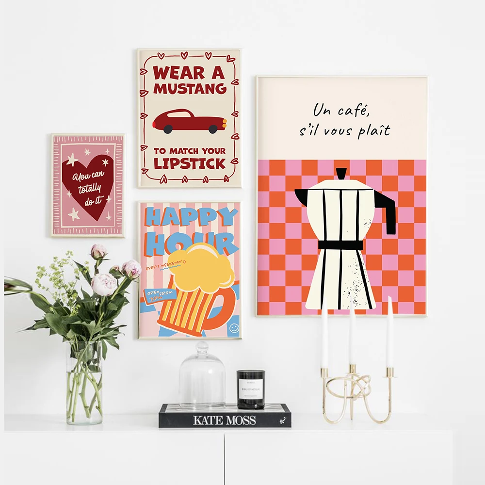 1pc frameless Canvas Painting Maximalist Pink Mon Chéri Quotes Print Murals French Fries Lipstick Wall Art Canvas Painting Poste