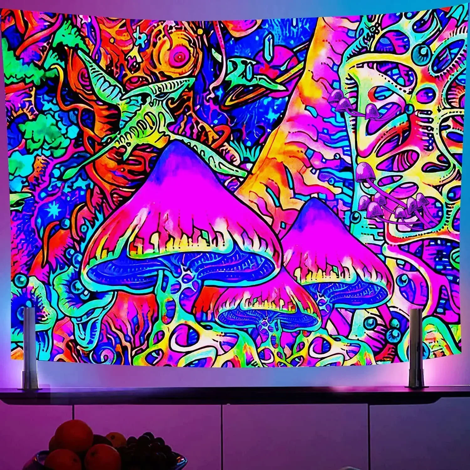 Psychedelic Black Light Mushroom Flourescent Tapestry UV Reactive Tapestries Wall Hanging Hippie Tapestry Home Room Decoration