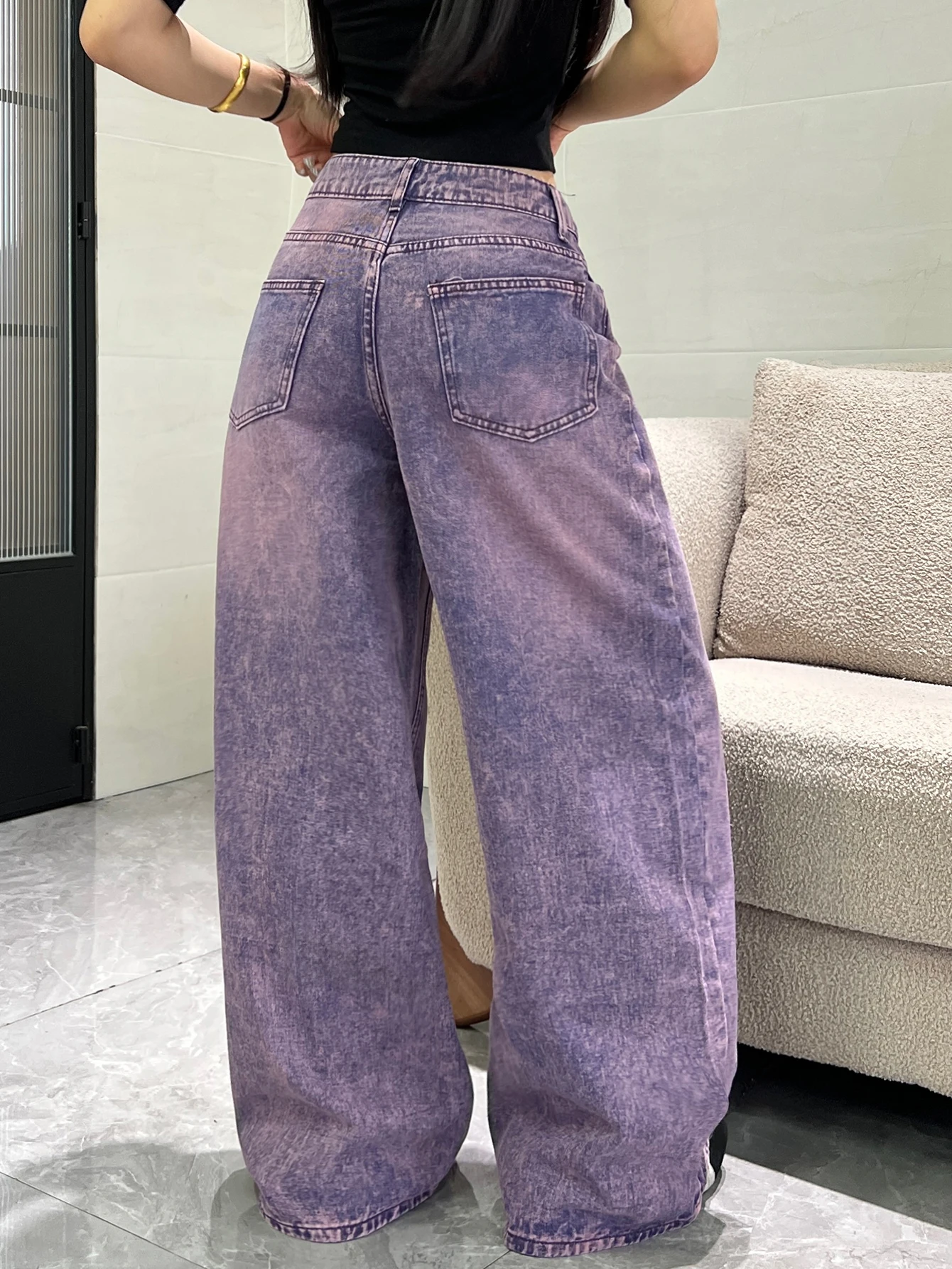 High Waisted Wide Leg Floor Mopping American Y2K Jeans, Purple Toned Snowflake Distressed Craftsmanship, Loose Hanging Pants