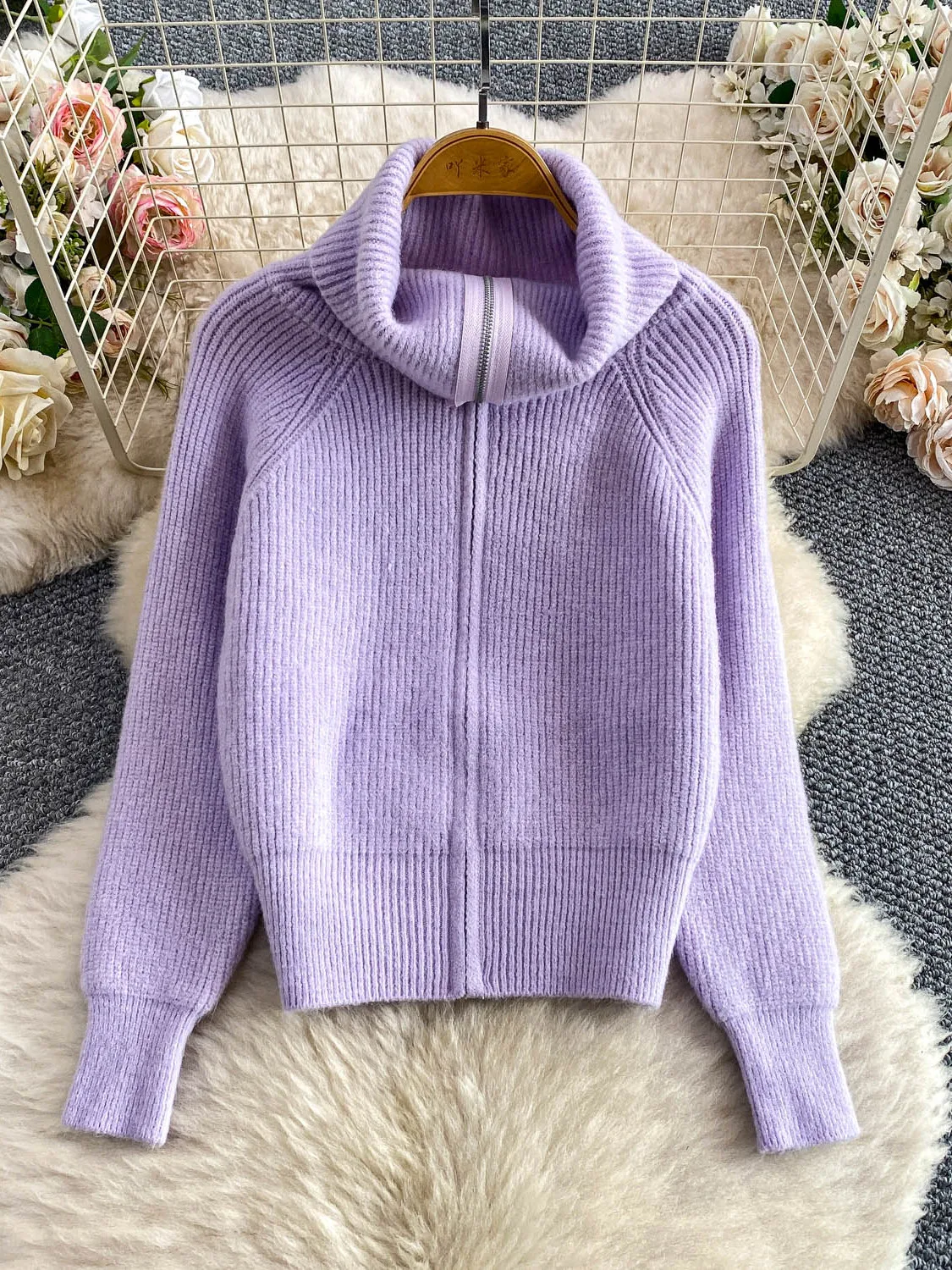 

Осень-зима Lazy Sle Свободный повседневный вязаный свитер с воротником-молнией для похудения Белый фиолетовый топ для девочек-подростков Корейский комплект для поездок на работу S...