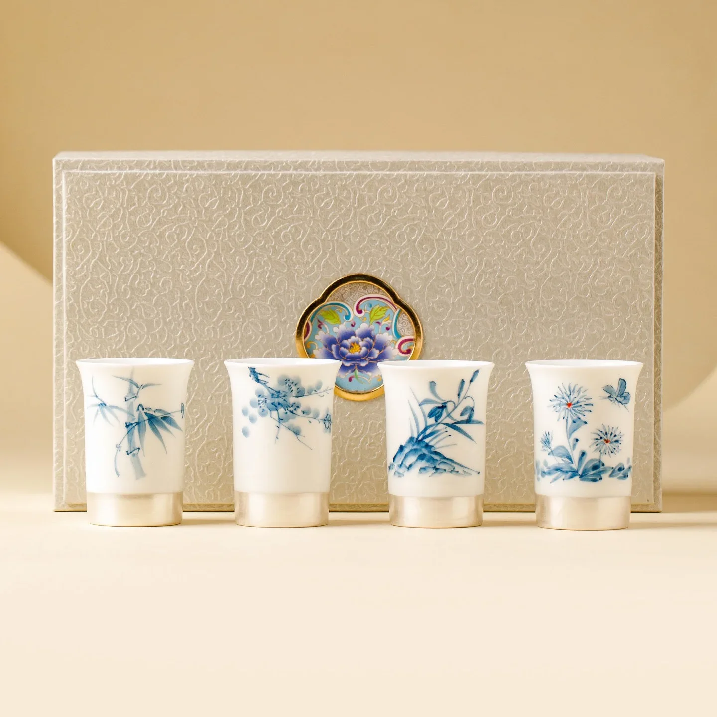 40ML Hand-plated 999 Silver Hand-painted Meilan Bamboo Chrysanthemum Teacup High-end Personal Master Cup Chinese Kung Fu Tea Set