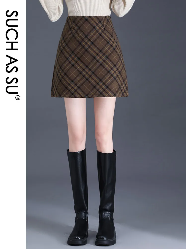 SUCH AS SU Womens A Line Skirts 2024 Fashion Autumn/Winter Woolen Grey Plaid Brown Plaid S-XXXL Female Mini Skirt Female 3249