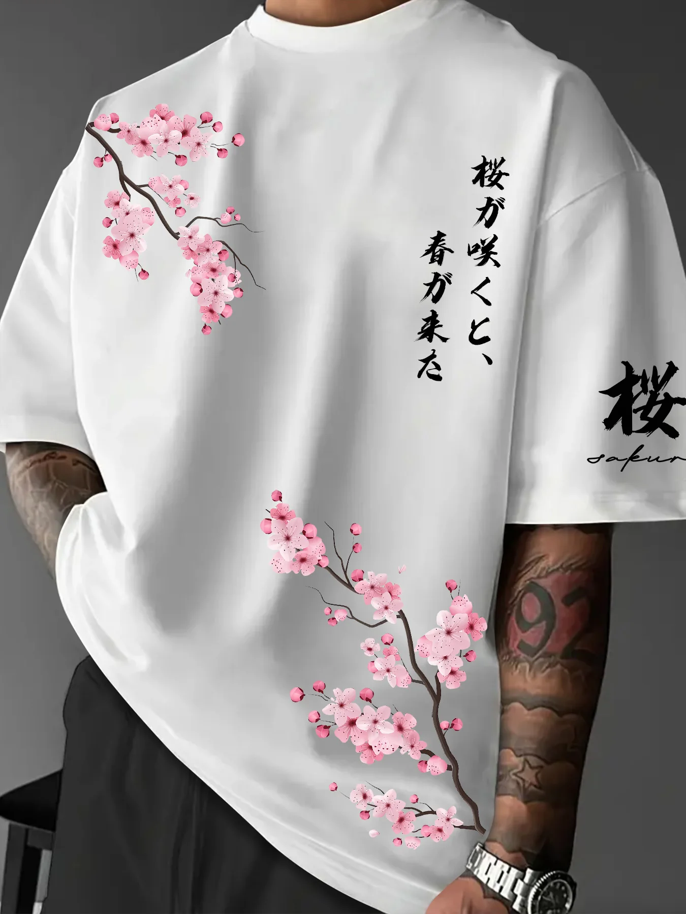 New Japanese Sakura Print T-shirt Men Loose Fit 100% Polyester Cherry Blossom Streetwear Casual Tops S-XXL