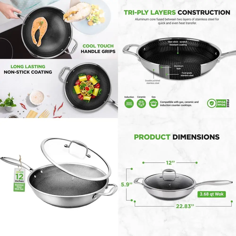 

12 прочных воков из нержавеющей стали с крышкой из закаленного стекла и боковой ручкой - антипригарное покрытие, устойчивая к царапинам текстурированная поверхность