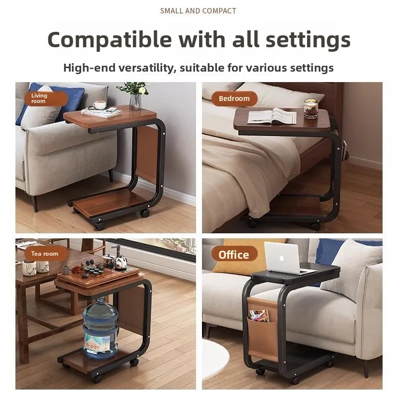Modern Minimalist Bedside Table Bedroom Living Room Sofa Side Table Small Mobile Wheel-equipped Table with Rack Storage Shelf