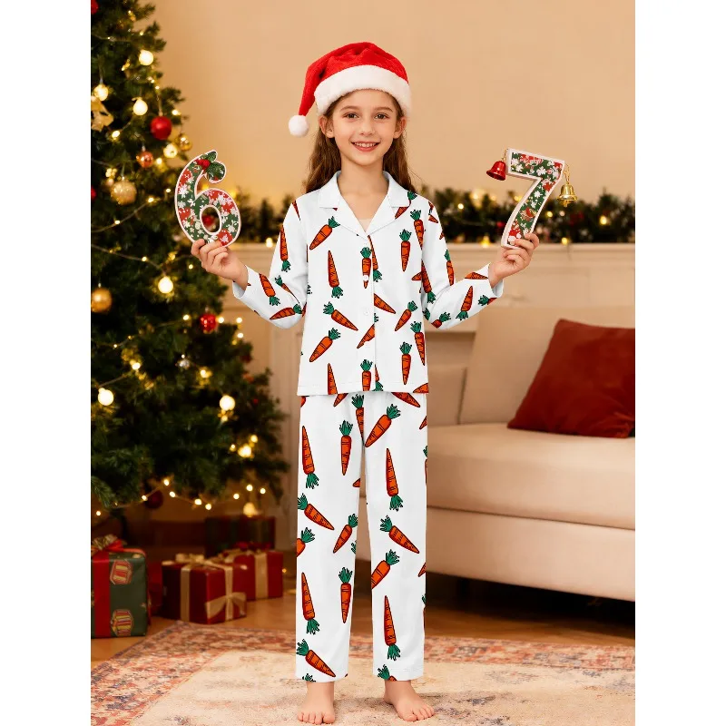 Girls Cute Carrot Bee Cat Dog Rainbow Ice Cream Print Pajama Set Long Sleeve Nightwear, Perfect Gift for Birthday and Xmas