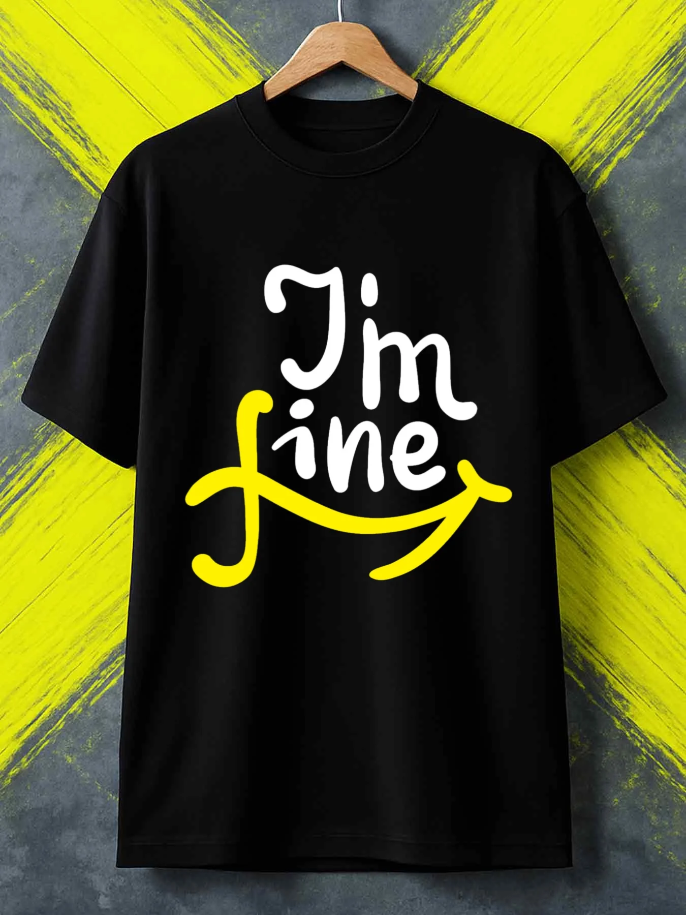Funny Men's Black Graphic T-Shirt Im Fine White Script Yellow Arrow Bold Letter Print 100% Cotton Heavyweight Short Sleeve Casual Streetwear Tee
