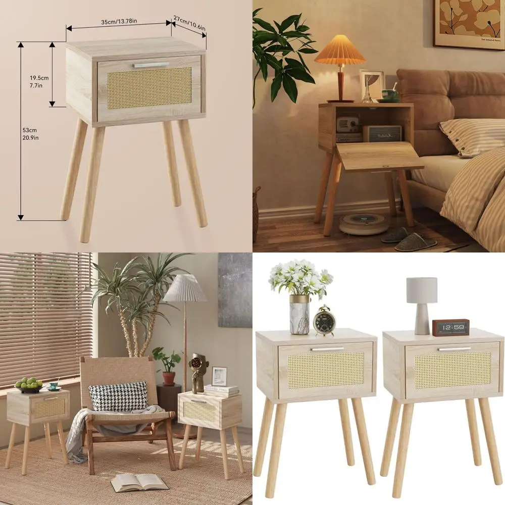 

Pair of Small Rattan Nightstands, Modern Bedside Tables with Drawers, Solid Wood Legs, Ideal for Bedrooms and Compact Spaces, Na