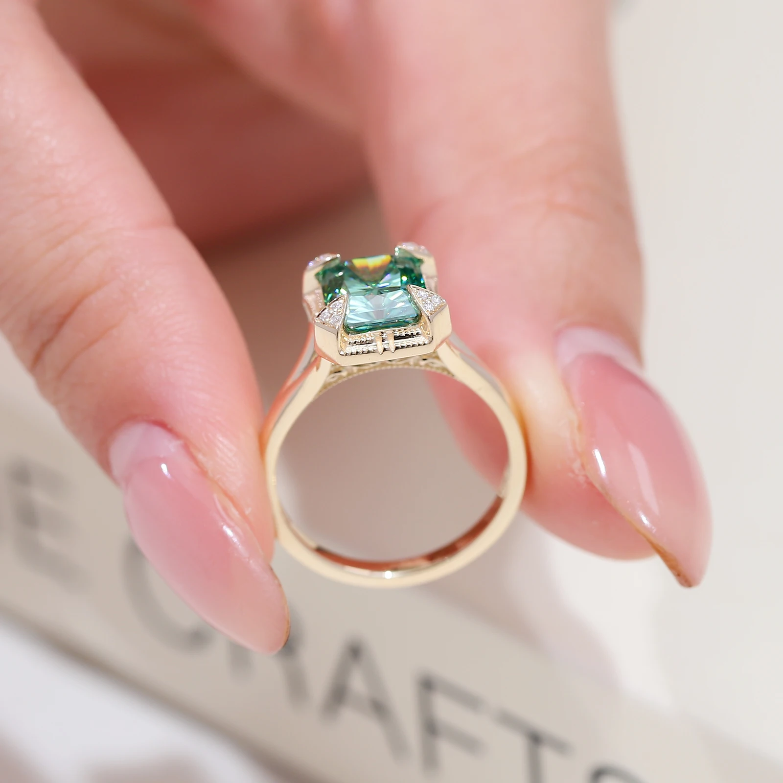 Provence Luxury Engagement Ring green Radiant cut lab gemstone Wedding ring for women vintage style Fine Jewelry Gifts Custom