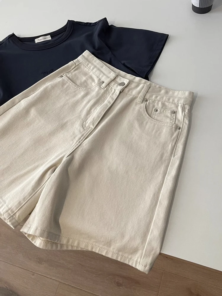 

High Waist Wide Leg Five-Quarter Denim orts Women's Summer New Sle plus Size Apricot Versatile Loose Fit Casual Jeans