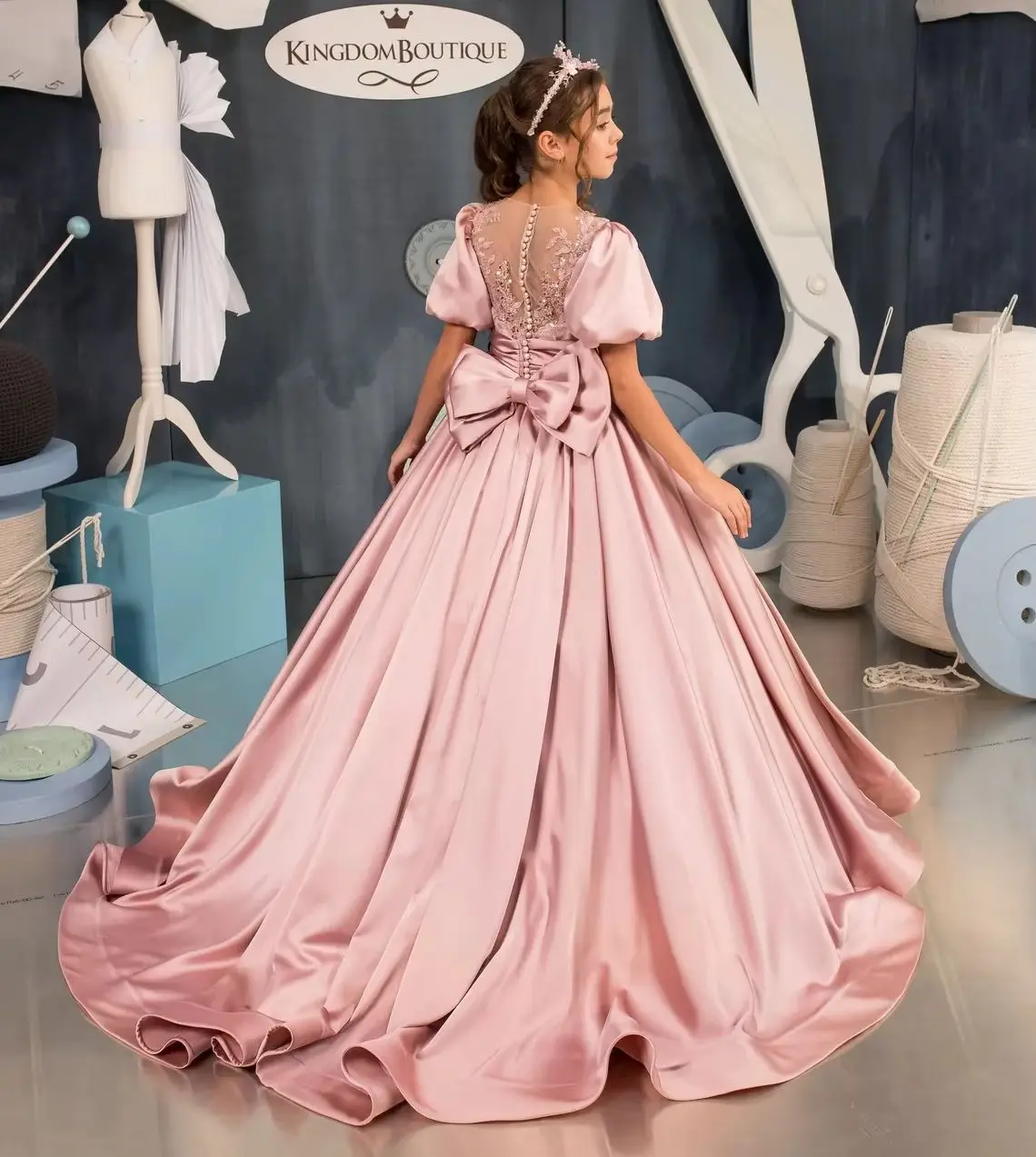 Customized Pink Flower Girl Dresses for Wedding Bow Back Kids Party Girls Pageant Dresses Baby Girl Birthday Prom Gowns