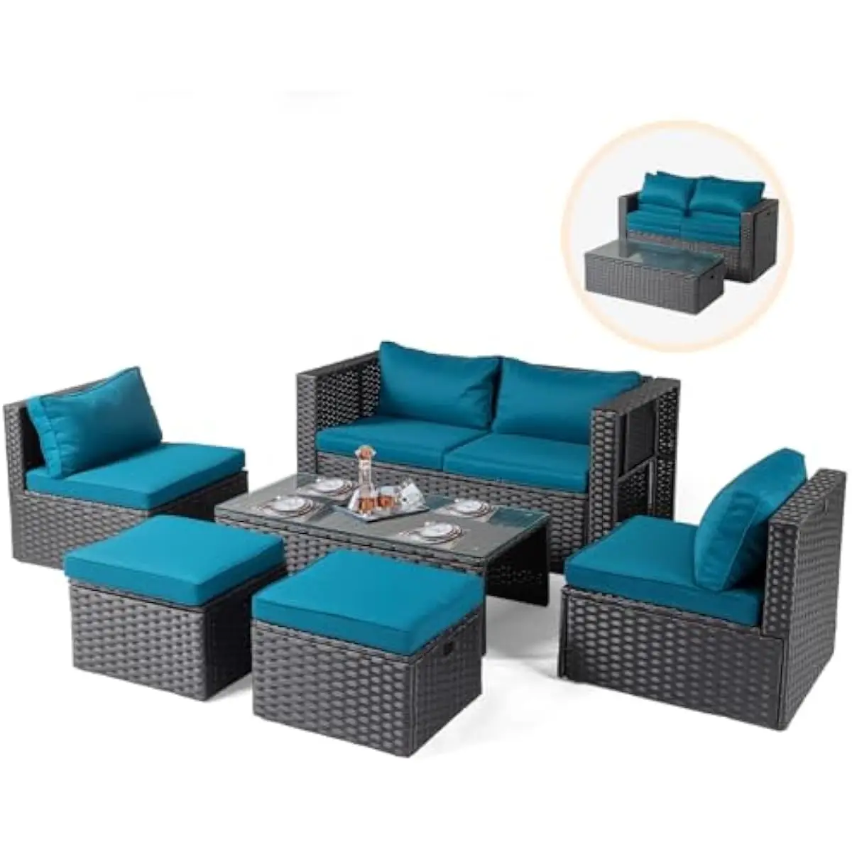 6-Piece Modern Black Wicker Outdoor Sectional Set Featuring Space-Saving Modular Layout with Tuck-Under Ottomans Coffee Table Id