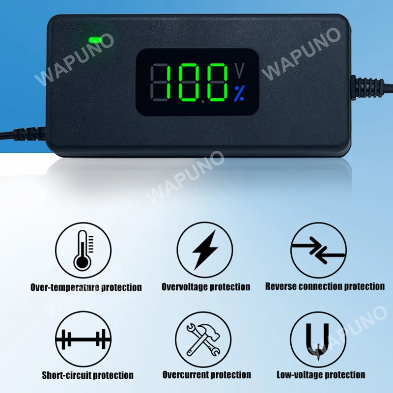 42V 54.6V 2A Digital Charger with 18mm 3pin XLR/12mm 3-Prong/8mm RCA Plug Adapter Cable For 36V 48V Electric Vehicle