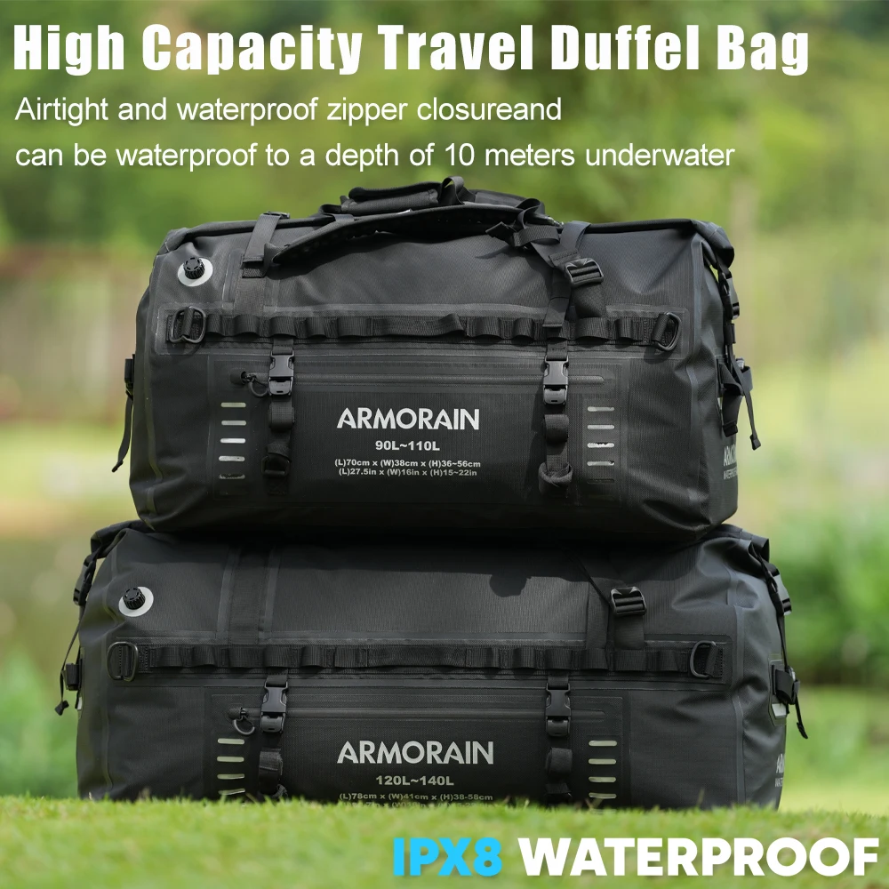 IPX8 Waterproof Dry Bag 100L 120L Large Luggage Bag Inflatable Strap Motorcycle Rear Seat Bag Outdoor Travel Duffel