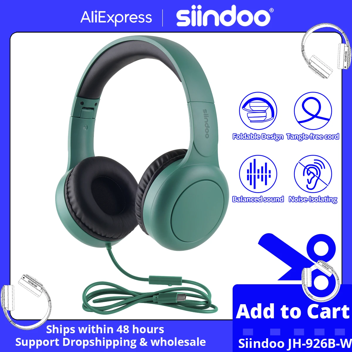 

Siindoo Wired Headphones with Microphone with 1.45m-Tangle-Free Nylon Line Type C Plug Foldable Portable Wired Headphone Green