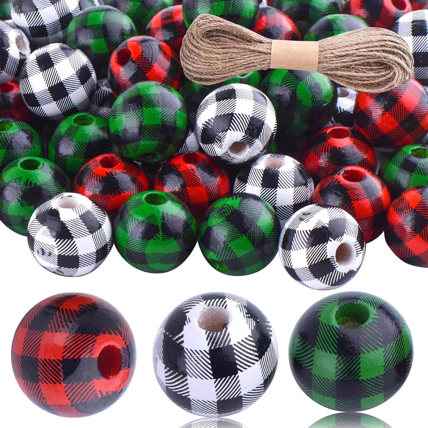 

Buffalo Plaid 120pcs Wood Beads - Natural Wood Round Beads with 10 Meters Rope for Jewelry Making and Home Garden Decoration