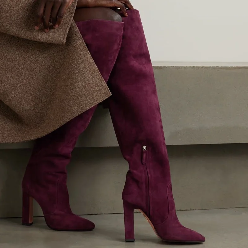 Rote Wildleder-Patchwork-Overknee-Stiefel mit quadratischem Absatz, sexy runde Zehenpartie, fester quadratischer Absatz, Neuankömmlinge, modische Damen-Moderne Stiefel