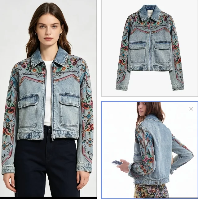 Women's Stylish High Street Studded Cropped Denim Jacket Floral Print Foreign Trade Fashion for Casual Wear
