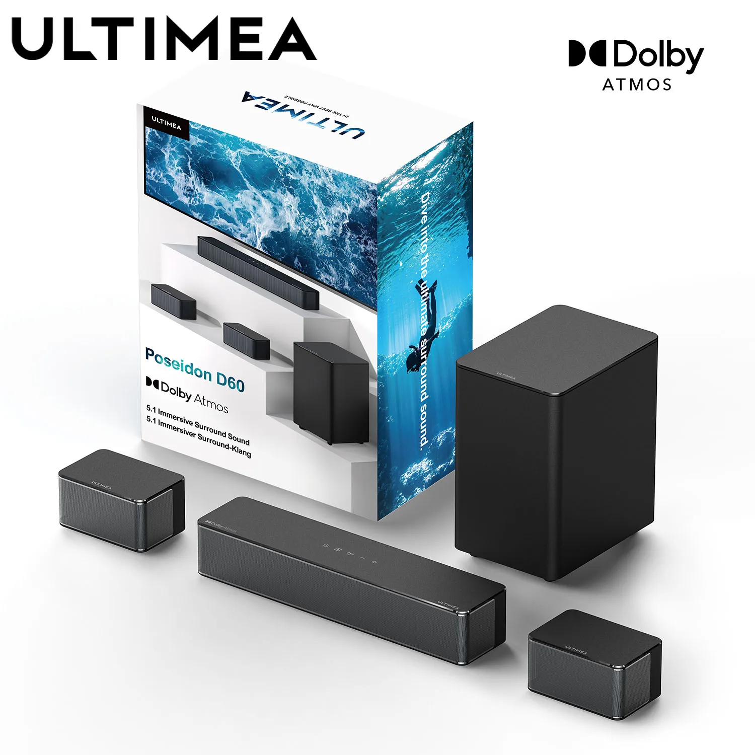 ULTIMEA Poseidon D60 サウンドバー Bluetooth 5.3 Dolby Atmos対応 アプリ制御 ワイヤレスサブウーファー リアサラウンドスピーカー ホームシアター