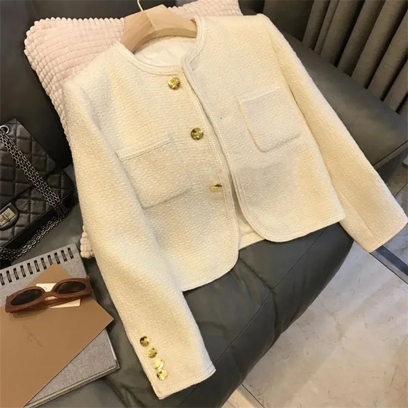 2024 New Tweed Woolen Coat Women Blazers O-Neck Single-Breasted Loose Short Jacket Outwear Female Small Fragrance Jacket Tops