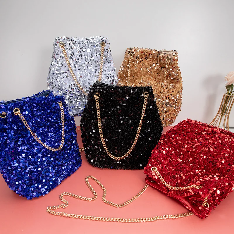 Sparkly Sequins Bucket Tote Bags for Women 2024 Large Capacity PU Leather Evening Party Handbags Chain Shoulder Messenger Bags