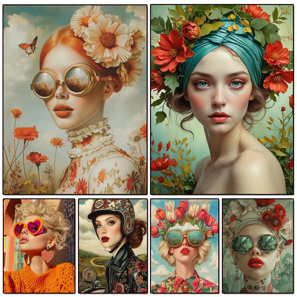 

Diamond Mosaic Embroidery Beautiful Woman With Glasses Flower Diamond Painting Full Square Round Rhinestones Cross Stitch Art