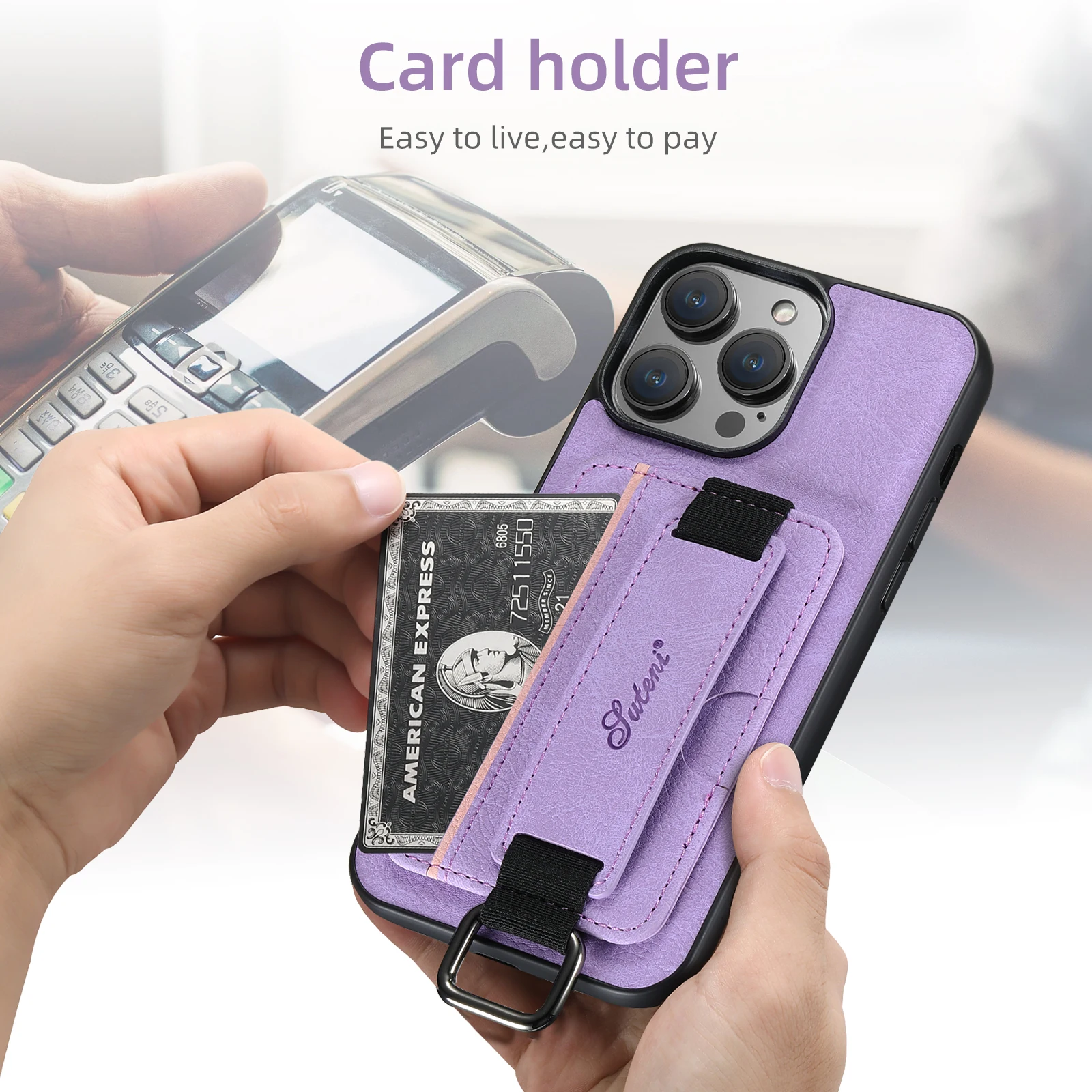 SUTENI Lychee-Haut-Print Handgelenkband Karten-Handyhülle Kartenhalter für iPhone 17 Pro Max 16 Plus 15 14 13 12 11 XR XS – Detail 13