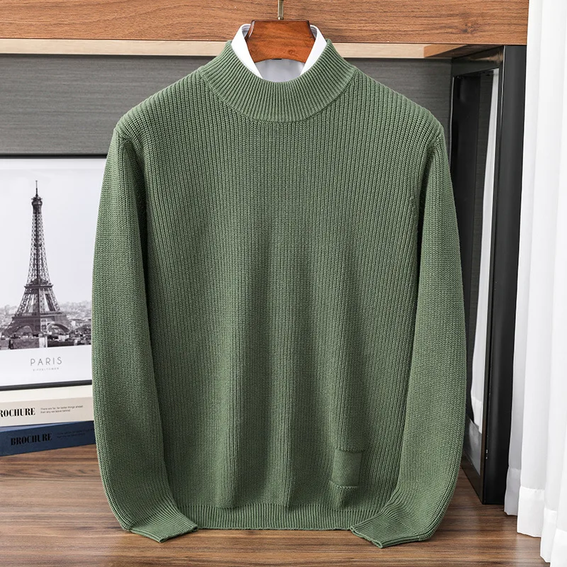 เสื้อสเวตเตอร์ถักคอกลมผู้ชายคุณภาพสูง แบบเรียบง่าย สวมใส่สบาย สำหรับฤดูหนาว แขนยาว ผ้าฝ้าย 100%