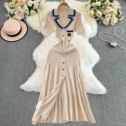 YuooMuoo Women Dress 2024 New Arrival Women Knitted Maxi Dress Elegant Notched Embroidery Long Shirt Dress Lady Sweater Vestidos