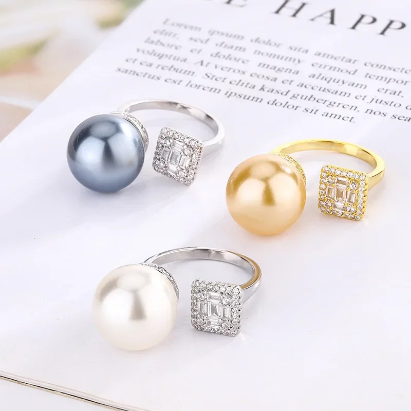 

New High-end Jewelry Luxury Inlaid Copper-plated Platinum Fashion Inlaid Pearl Adjustable Ring Women's 14mm Jewelry