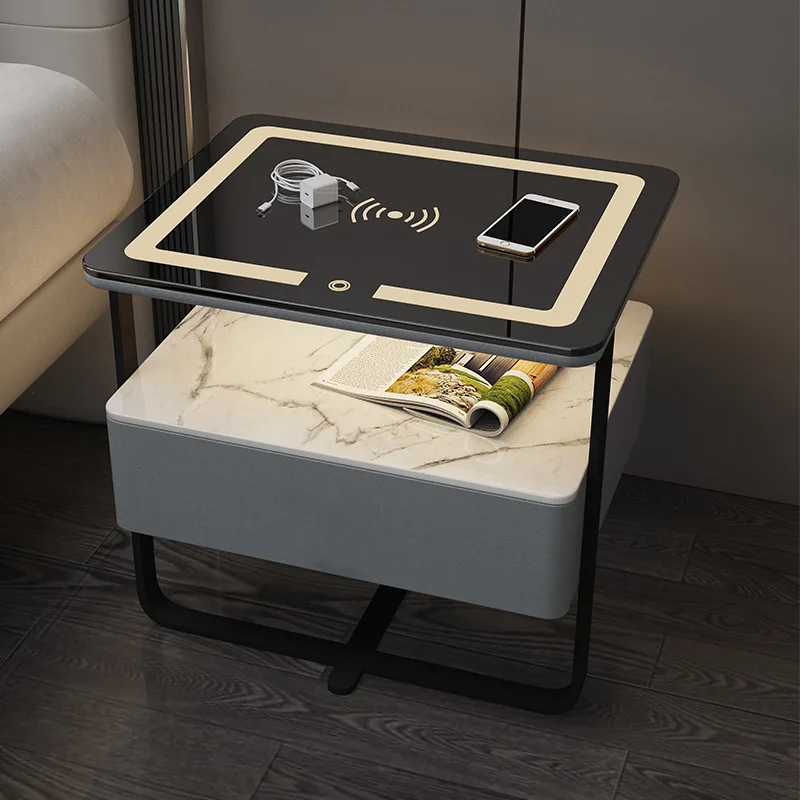 Smart Bedside Table With Tri Color LED Light Wireless Charging Modern Nightstand With Drawer Storage For Home Use