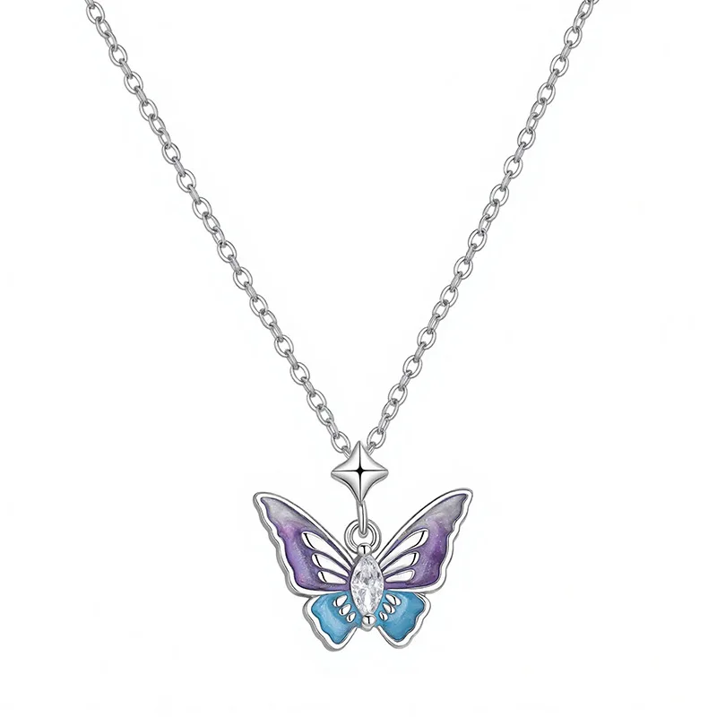 New 925 Silver Romantic Dreamy Gradient Color Hollow Butterfly Pendant Summer Dopamine Blue Purple Women's Birthday Party Gift