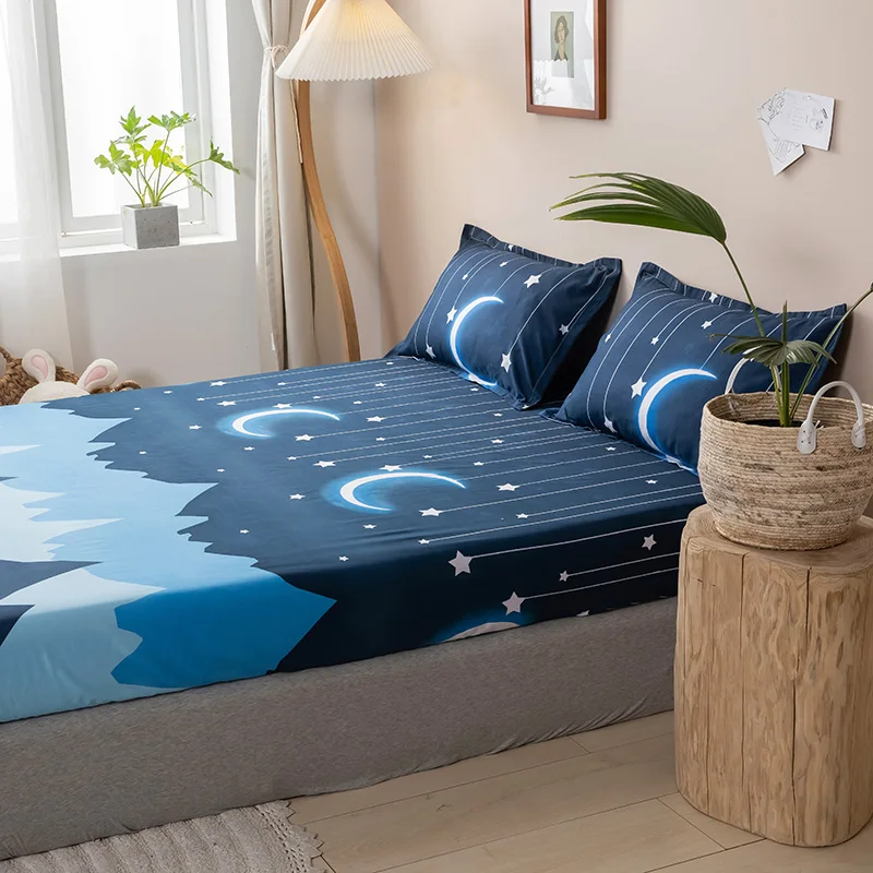 1pc Fitted Sheet Summer Mattress Cover With Elastic Rubber Band Bed Linens Moon Blue Bedclothes Bedspread Home Textile 120*200