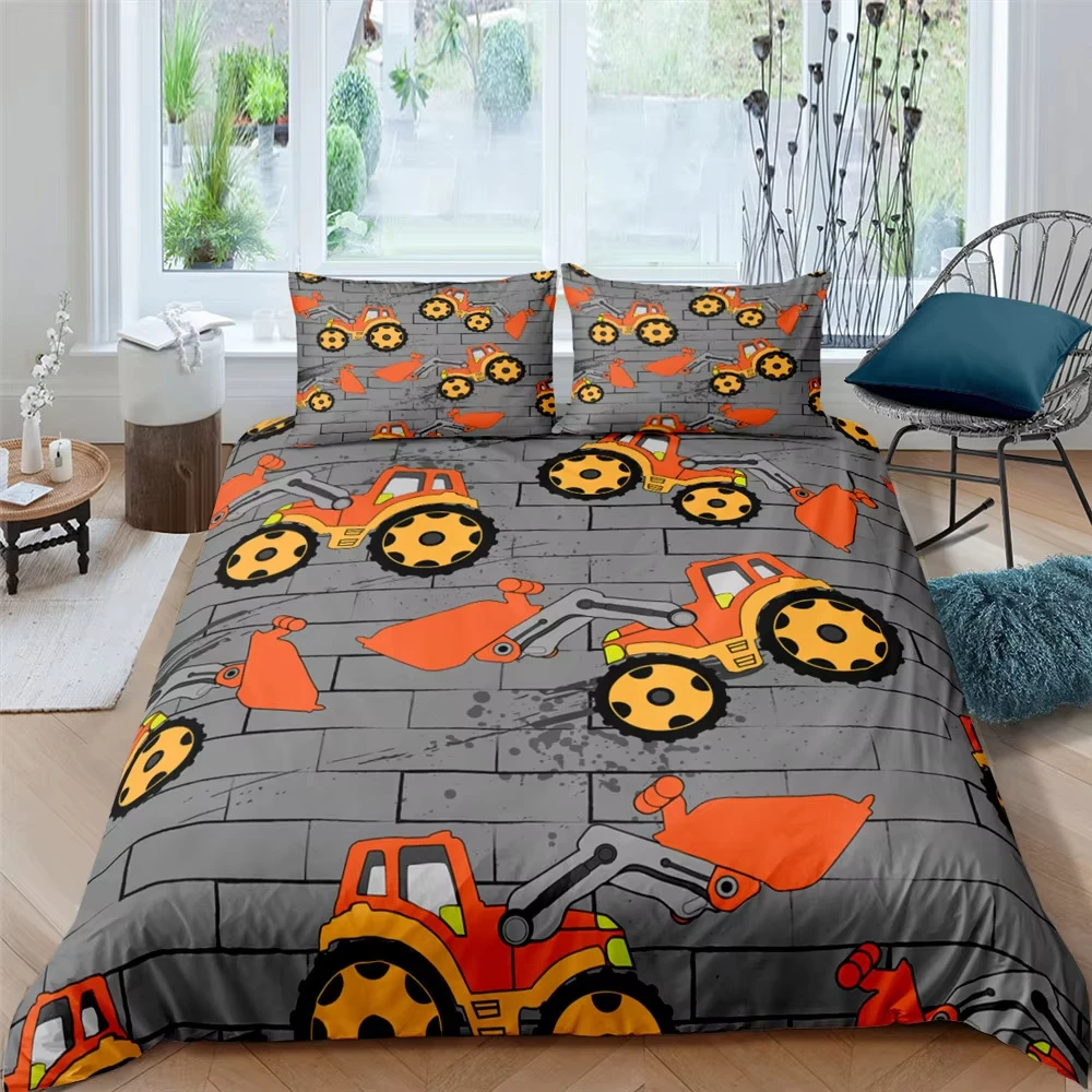 Excavator Duvet Cover, Construction Vehicle Cartoon Bedding Set for Boys Girls, Equipment Heavy Machinery Truck Comforter Cover