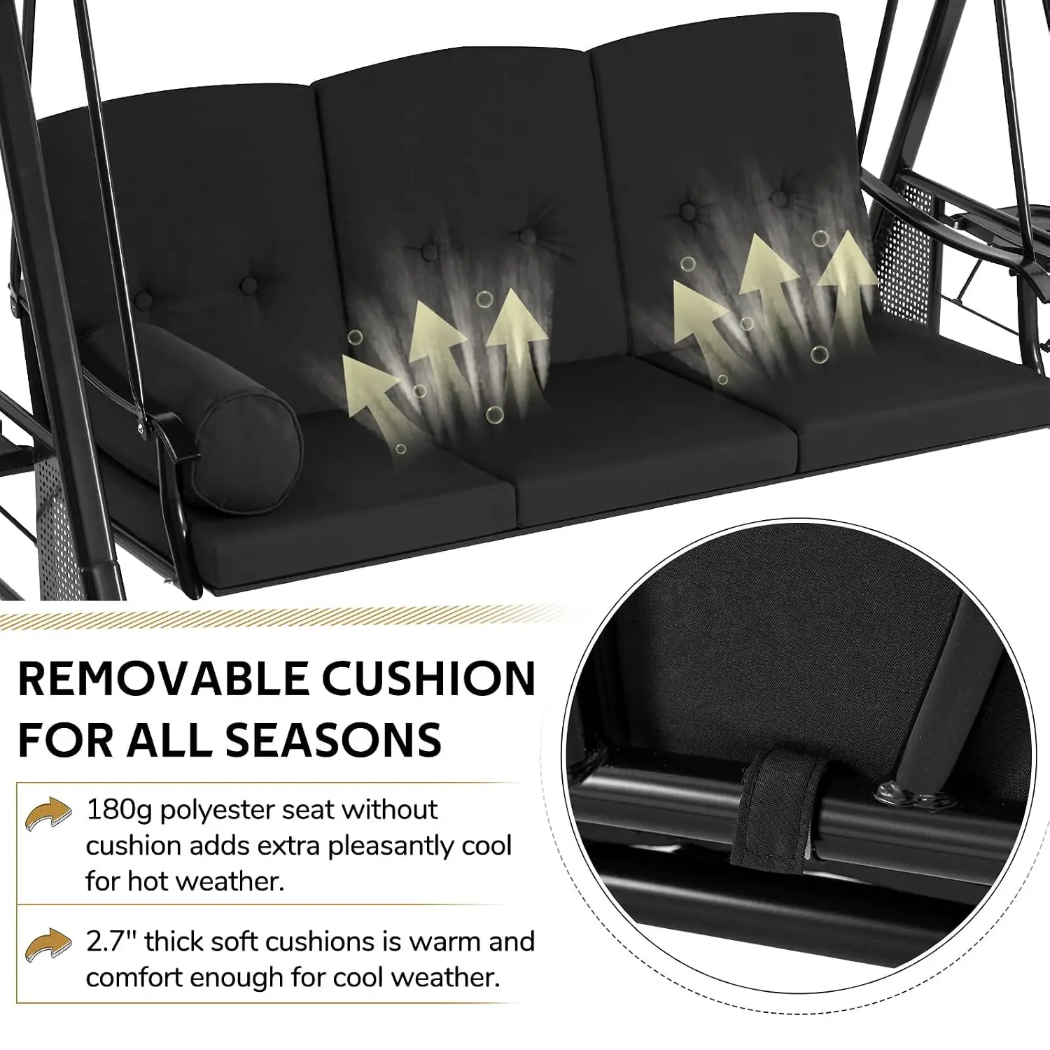 Outdoor Porch Swing, 3-Seat Porch Swing With Adjustable Canopy, Outdoor Swings For Adult With Black Removable, Customized