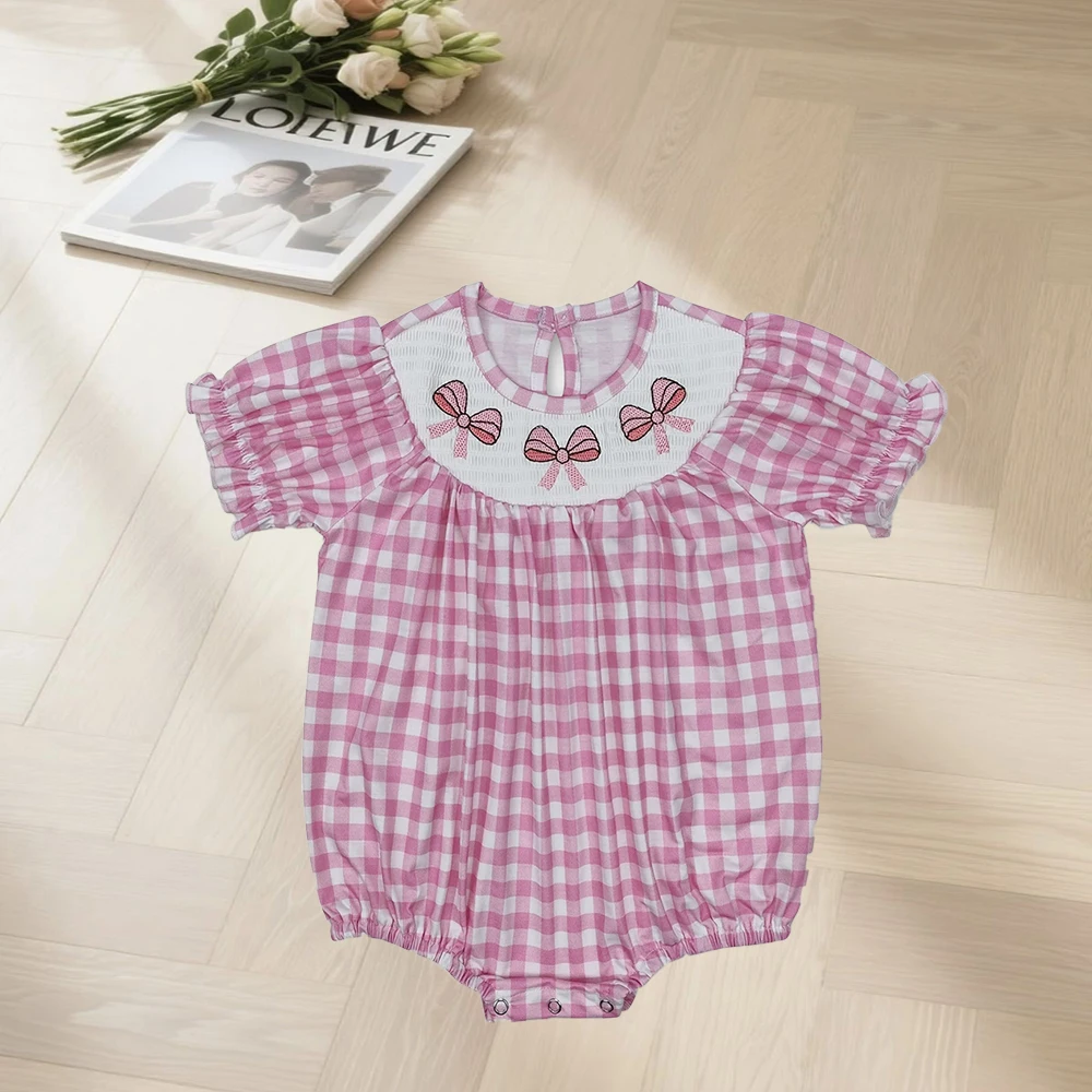 11.14 Baby Girls Rompers Baby Infant Girls Pink Checkered Bows Smocked Rompers
