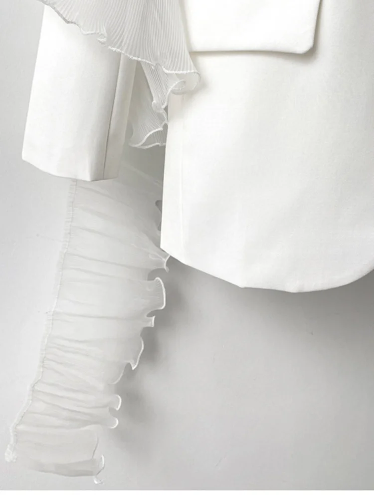 [EAM]  Women White Ruffles Big Size Blazer New Lapel Long Sleeve Loose Fit Jacket Fashion Tide Spring Autumn 2024 1DE3921