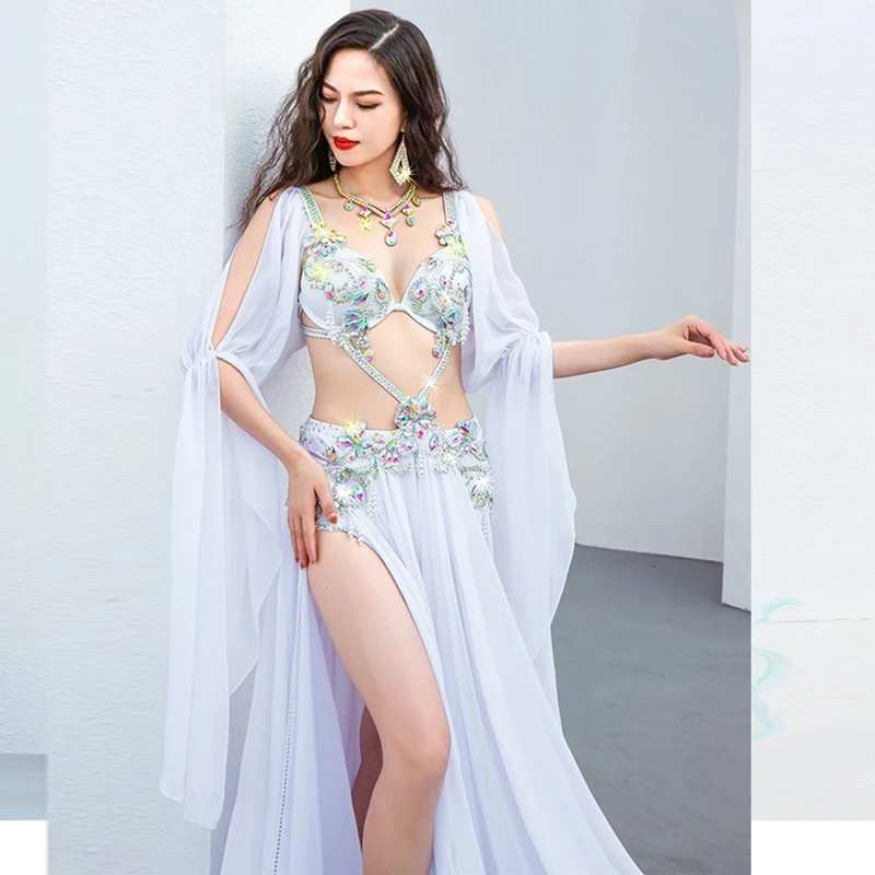 Belly Dance Suit Diamond-Studded Sling Bra Split Big Swing Skirt Performance Clothes Set Oriental Dancing Competition Clothing