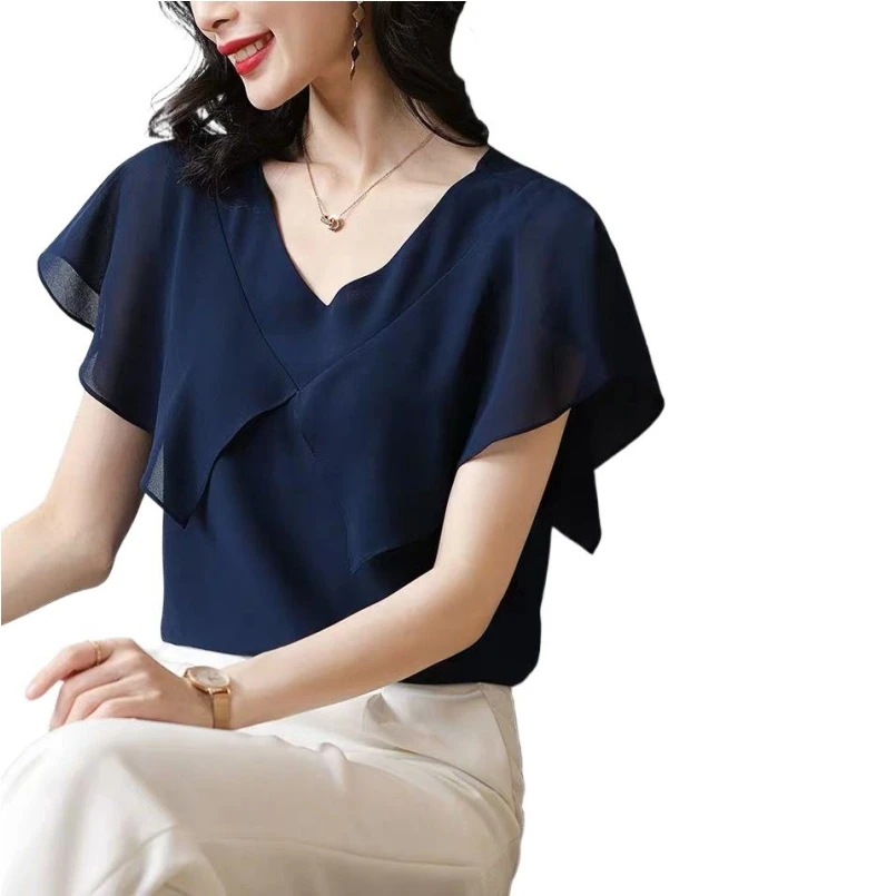 

Fashion 2024 Summer women Elegant and sexy Ruffle V-neck chiffion blouse tops office lady chiffon shirts blouses blusa mujer