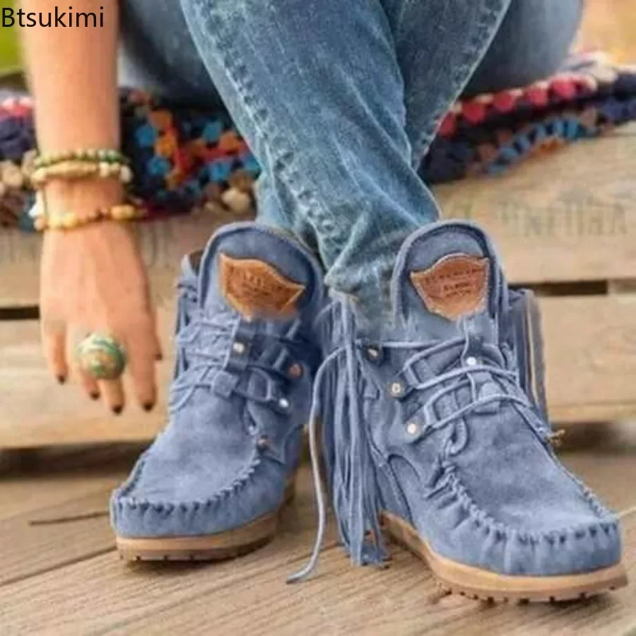 New 2024 Women's Faux Suede Boots Autumn Winter Causal Lace Up Ankle Boots Vintage Tassel Ladies Cowboy Short Boots Female Botas