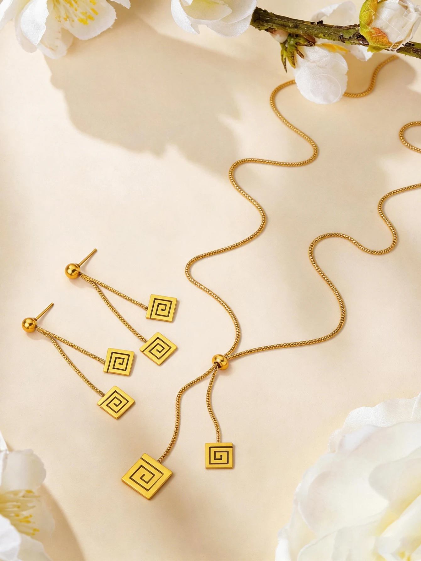 1Set/3Pcs Vintage Square Greek Key Necklace Earring Set Stainless Steel Adjustable Jewelry Gift for Women