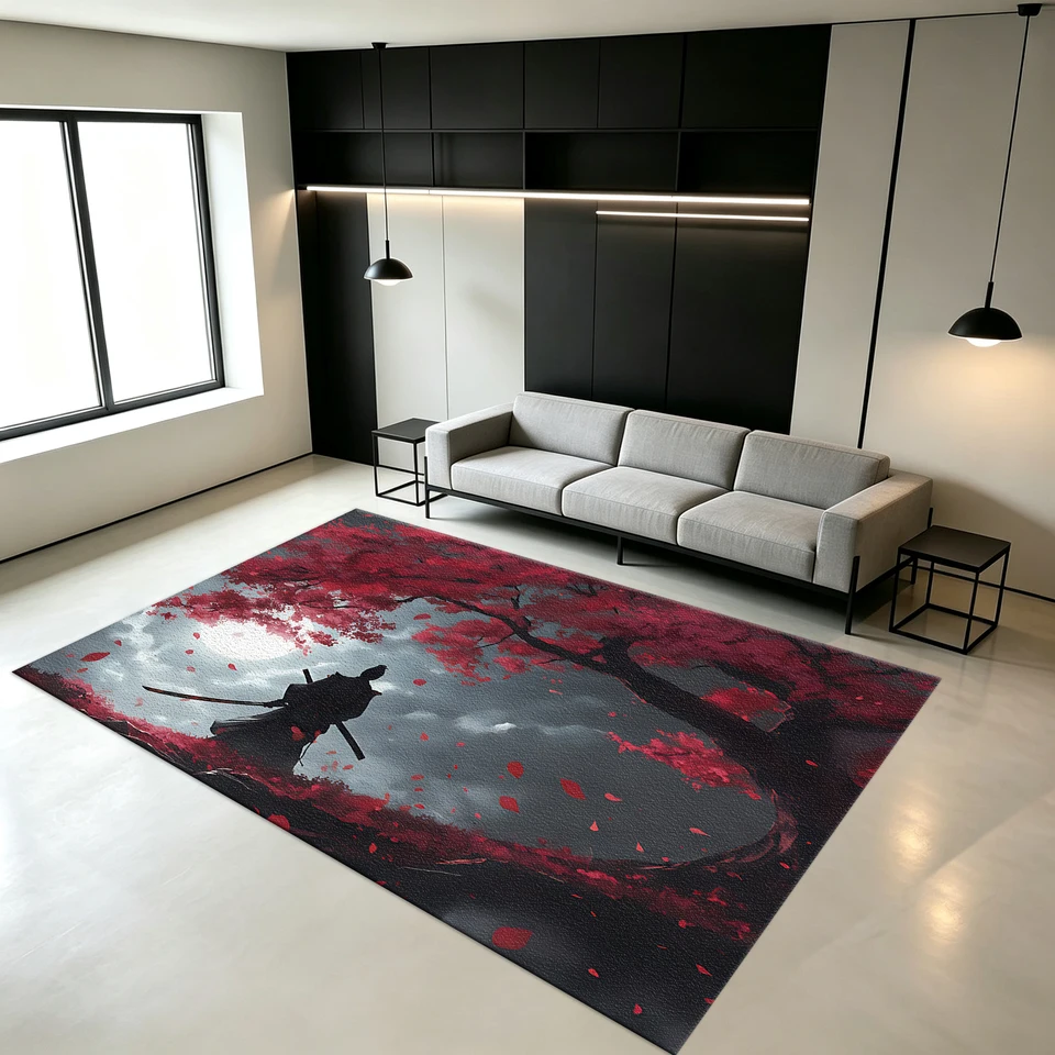 Japanese Samurai Cherry Blossom Artistic Area Rug