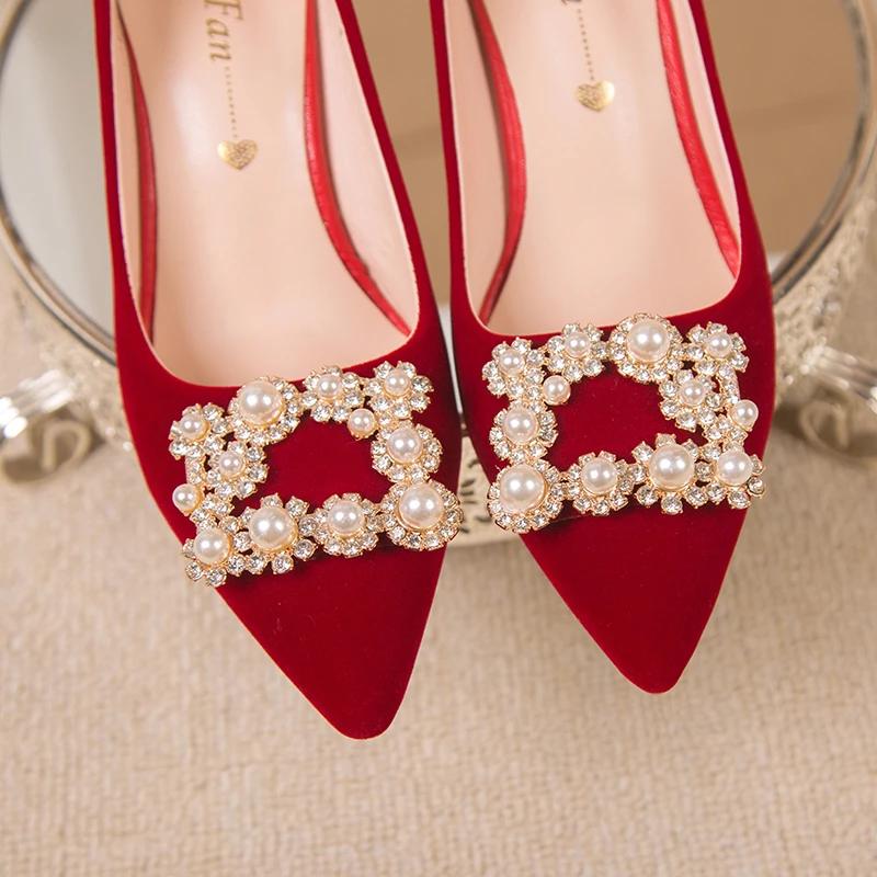 Pearl Crystal Thick Heels Bridal Shoes Women Elegant Pointed Toe High Heel Pumps Woman Red Flock Shallow Wedding Shoes Bride