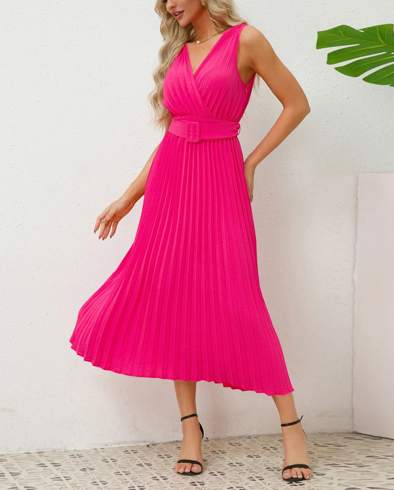 

Women's Pleated Long Dresses Summer Solid Color V-neck Sleeveless Dresses Casual Belted A-Line Skirts