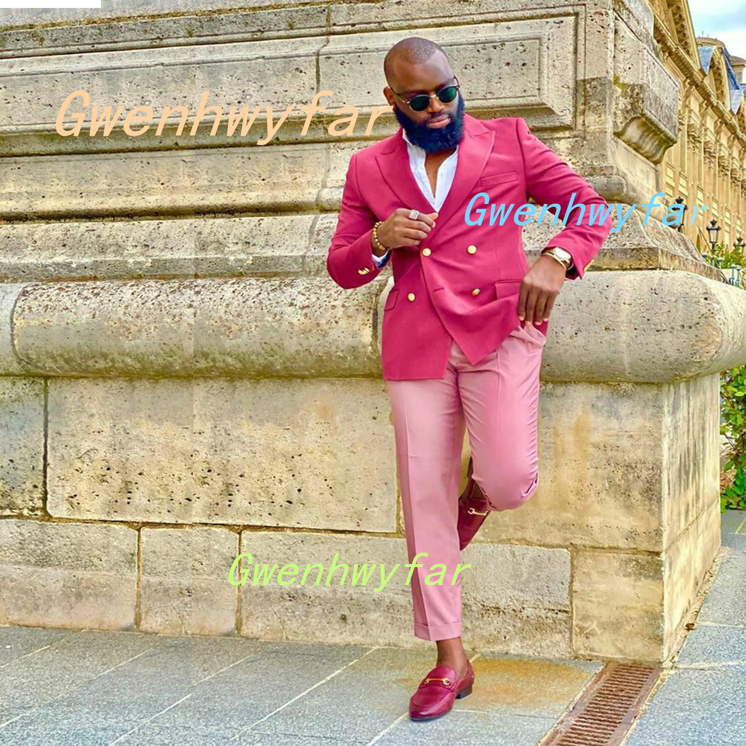 Gwenhwyfar Elegant Men's Mixed Color Suit 2 Pieces Set Hot Pink Jacket with Pink Pants Fashionable Party Shopping Suit for Men