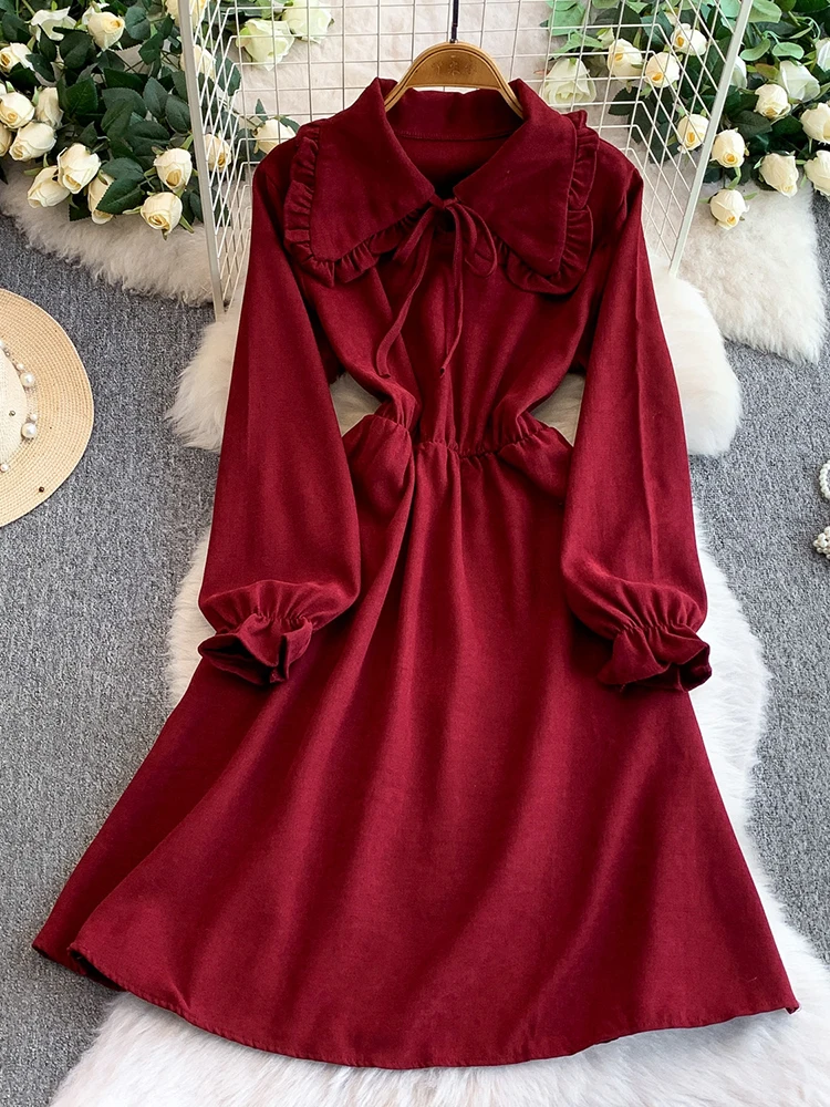 

Женское осеннее платье, вязаное платье с воротником Питера Пэна и рукавами-фонариками, однотонное платье длиной до колена с бантом, женское платье в консервативном стиле DS242