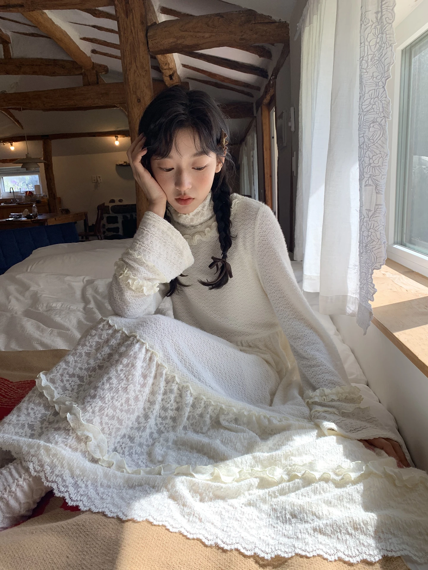

Sweet Splice Design Jiang Jam Dr Mellow White Base Color A-Line Skirt Nylon Fabric Soft And Comfortable Long Sve High W...