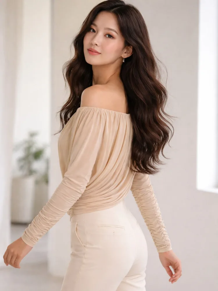 ONEXWEN Luxury Off Shoulder Blouse Women Elegant Draped Ruched Tops Silk Texture Slim Fit Long Sleeve Shirts 2026 ZM5185